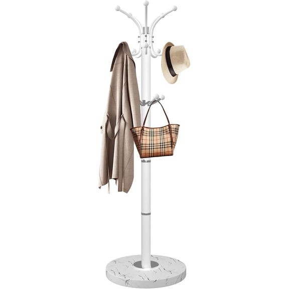 Metal Coat Rack with Natural Marble Base,360°Rotary Coat Rack Stand with 14 Hooks,Modern Freestanging Coat Racks for Entryway,Office,White Coat Jacket Hanger Tree Stand for Coats, Scarves