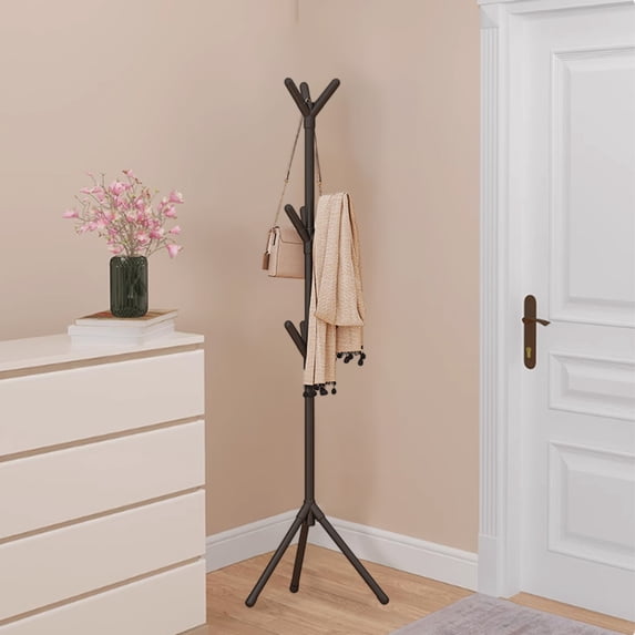 Metal Coat Rack Stand , Freestanding Entryway Coat Tree with 6 Hooks , Sturdy Tripod Base Hall Tree for Hanging Coats , Hats , a Purses , Scarves , Modern Minimalist Clothes Organizer for Entryway
