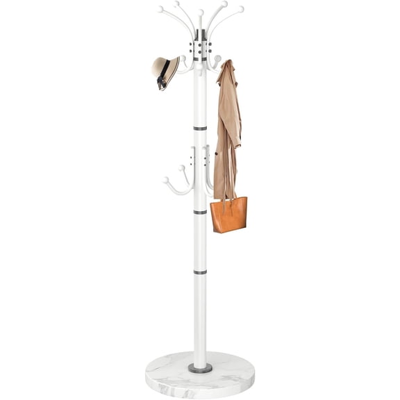 Metal Coat Rack Stand with Marble Base, Modern Coat Rack Freestanding, 360?Rotary Coat Racks with 14 Hooks, White Coat Stand Hall Tree Hanger Stand for Entryway, Office,Corner