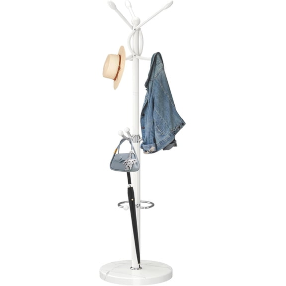 Metal Coat Rack Stand, Modern Freestanding with Natural Marble Base, Sturdy Racks 10 Hooks & Umbrella Holder,White Tree Hanger Stand for Bags,Hats,Entryway,Office