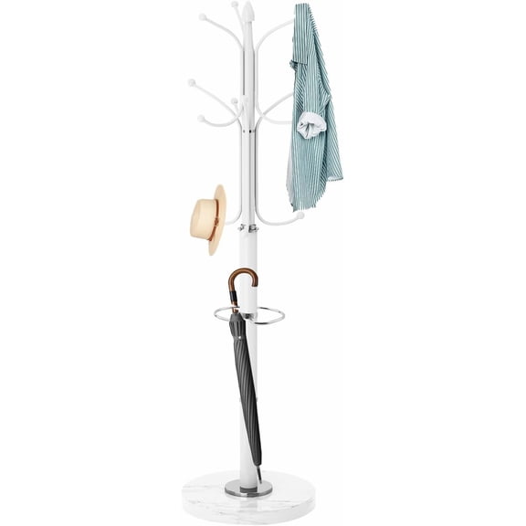 Metal Coat Rack Stand, Modern Freestanding with Natural Marble Base, Sturdy Racks 12 Hooks & Umbrella Holder,White Tree Hanger Stand for Bags,Hats,Entryway,Office