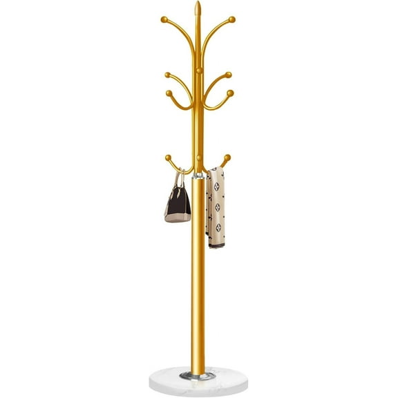 Metal Coat Rack Stand with Natural Marble Base, Coat Rack Freestanding, Sturdy Hall Tree with 12 Hooks for Hanging Clothes, Bags, Scarfs, Coat Hanger for Entryway, Hallway(Gold)