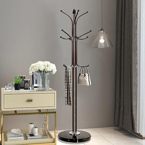 Metal Coat Rack Stand with Natural Marble Base, Free Standing Hall Tree with 12 Hooks for Hanging Scarf, Bag, Jacket, Home Entry-way Hat Hanger Organizer (Bronze)