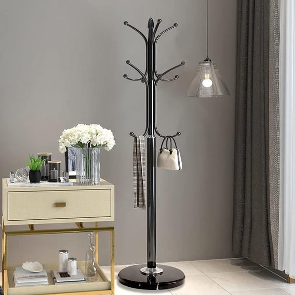 Metal Coat Rack Stand with Natural Marble Base, Free Standing Hall Tree with Hooks for Hanging Scarf, Bag, Jacket, Home Entry-way Hat Hanger Organizer (Black)