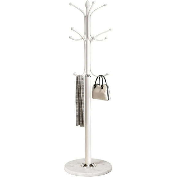 Metal Coat Rack Stand with Natural Marble Base, Free Standing Hall Tree with Hooks for Hanging Scarf, Bag, Jacket, Home Entry-way Hat Hanger Organizer.