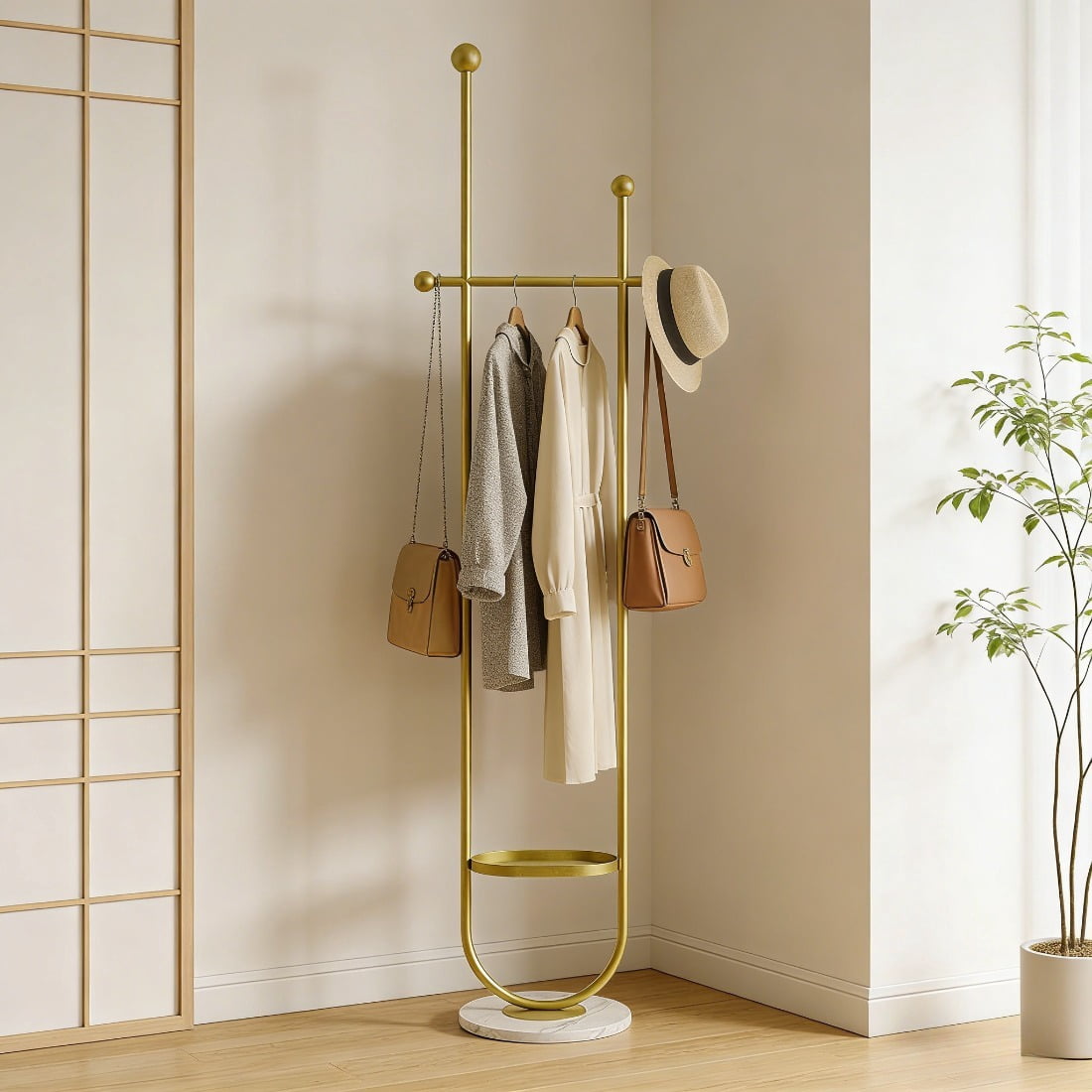 metal dress hanger Metal Coat Rack Stand with Storage Shelf, Modern Gold & White Freestanding Coat Hanger with Side Hooks, Heavy Duty Hallway Clothes Rack for Entryway