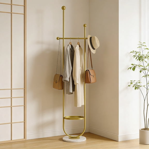 Metal Coat Rack Stand with Storage Shelf, Modern Gold & White Freestanding Coat Hanger with Side Hooks, Heavy Duty Hallway Clothes Rack for Entryway Bedroom Office