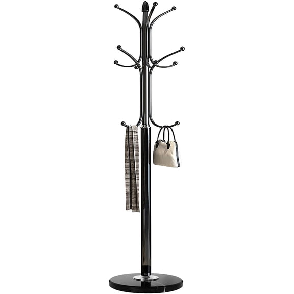 Metal Coat Rack Stand with  Marble Base, Free Standing Hall Tree with 12 Hooks for  Scarf, Bag, Jacket,  Entry-way Hat Hanger Organizer (Black)