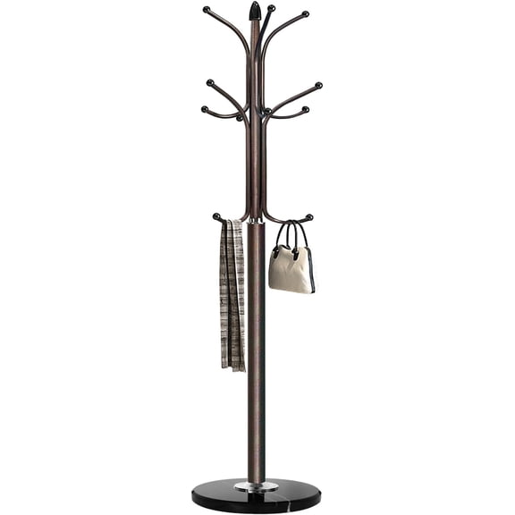 Metal Coat Rack Stand with  Marble Base, Free Standing Hall Tree with 12 Hooks for  Scarf, Bag, Jacket,  Entry-way Hat Hanger Organizer (Bronze)