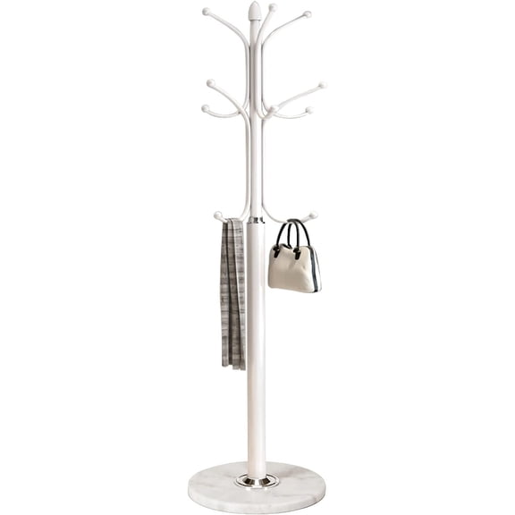 Metal Coat Rack Stand with  Marble Base, Free Standing Hall Tree with 12 Hooks for  Scarf, Bag, Jacket,  Entry-way Hat Hanger Organizer (White)