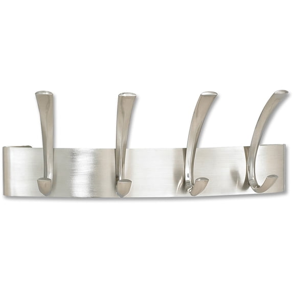 Metal Coat Rack, Steel, Wall Rack, Four Hooks, 14.25w X 4.5d X 5.25h, Brushed Nickel | Bundle of 5 Each