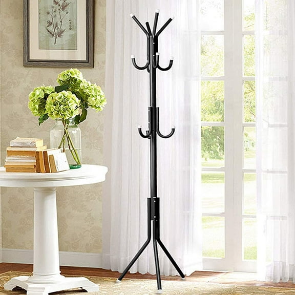 Metal Coat Rack with 10 Hooks - Space-Saving Entryway Furniture for Home Office, Black