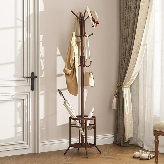 Metal Coat Rack with Umbrella Holder, 12 Hooks, Brown - Freestanding Entryway Organizer for Home and Office