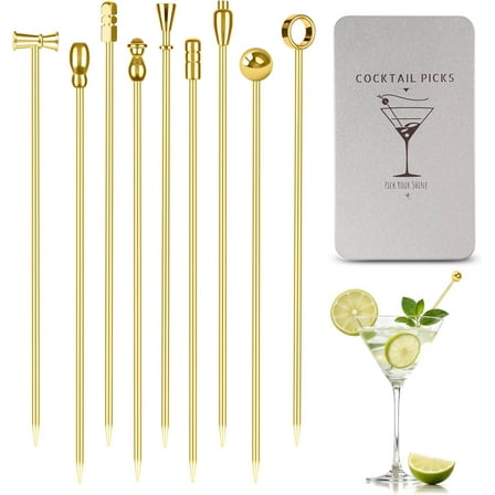 Metal Cocktail Martini Picks Gold, 4.1 in Olive Skewers Stainless Steel, Martini Garnish Sticks Reusable, Metal Toothpicks for Drinks, Appetizers, Cheese, Bar Accessories Cocktail Supplies - 9 Pcs