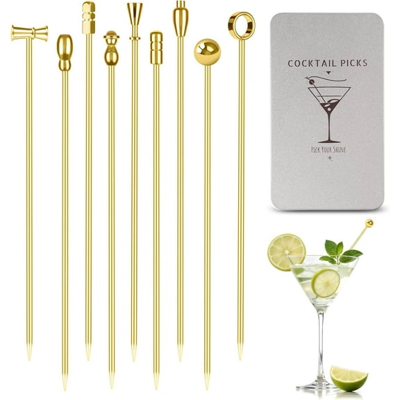 Metal Cocktail Martini Picks Gold, 4.1 in Olive Skewers Stainless Steel, Martini Garnish Sticks Reusable, Metal Toothpicks for Drinks, Appetizers, Cheese, Bar Accessories Cocktail Supplies - 9 Pcs