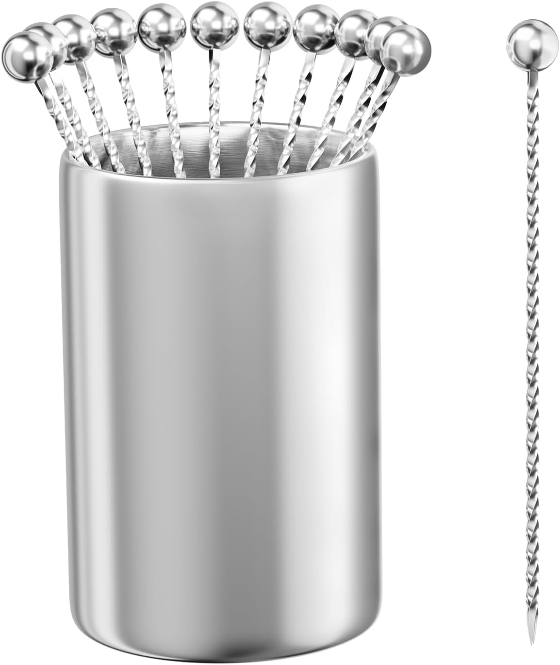 Metal Cocktail Picks 12Pack+Holder Kit, 304 Stainless Steel Toothpicks, Reusable Skewers, Garnish Bloody Mary Martini for Olives Appetizers Fruit (Thread Silvery)