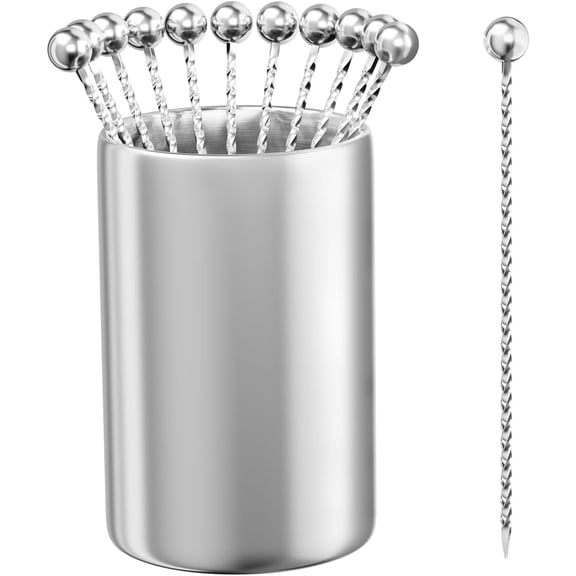 Metal Cocktail Picks 12Pack+Holder Kit, 304 Stainless Steel Toothpicks, Reusable Skewers, Garnish Bloody Mary Martini for Olives Appetizers Fruit (Thread Silvery)