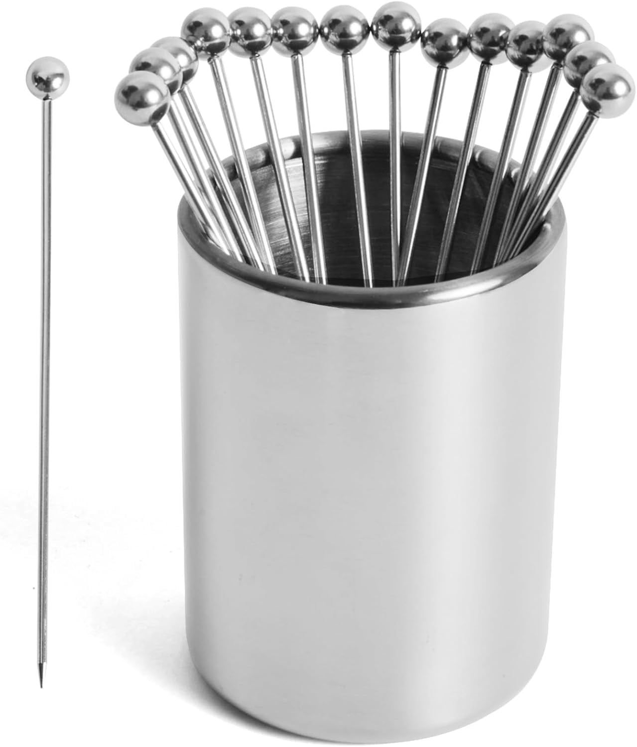 Metal Cocktail Picks 15Pack+Holder Kit, 304 Stainless Steel Toothpicks, Reusable Skewers, Garnish Bloody Mary Martini for Olives Appetizers Fruit