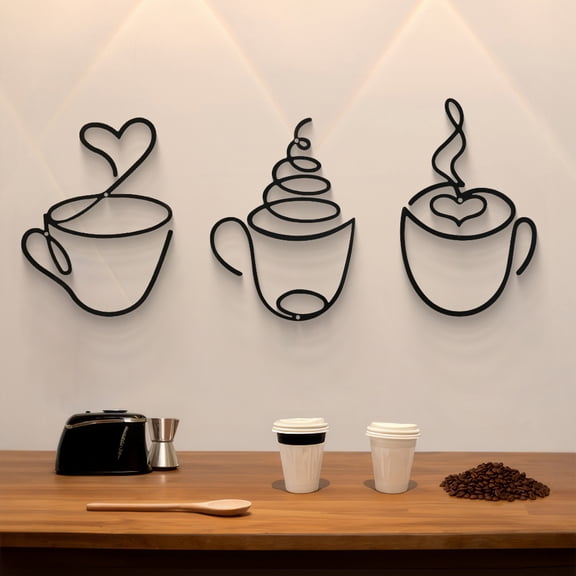 Metal Coffee Cup Wall Art 3 Pcs, Wire Sign Decor for Coffee Station & Kitchen Decor