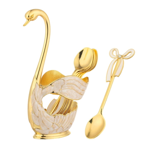 Metal Coffee Dessert Spoon Set Fruit Flatware Swan Base Holder Organizer with 6Pcs Gold