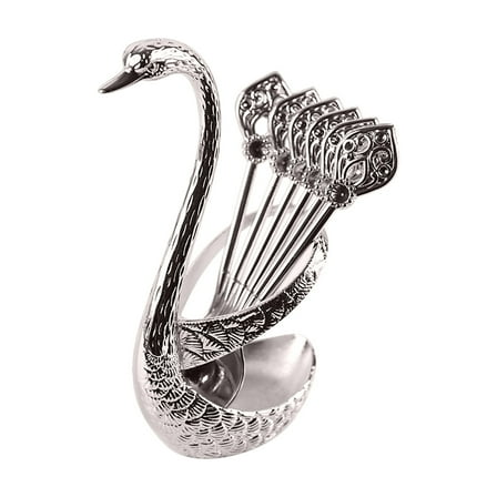 Metal Coffee Dessert Spoon Set, Swan Base Holder Spoon Organizer with 6Pcs Spoons for Coffee, Fruit, Dessert, Ice Cream, Cake, Teaspoon, Silver
