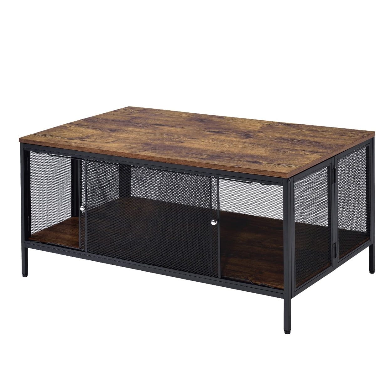 Industrial Foldable Coffee Table with Mesh Shelf, Brown and Black