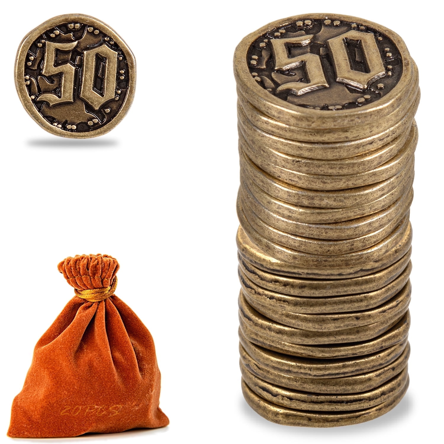 Metal Coins for Board Games, Prefdo 20 PCS Treasure Tokens for Poker, RPG, Strategy Tabletop Gaming, Fantasy Currency, Heavy Duty Generic Game Currency (Bronze - Value 50 Coins)