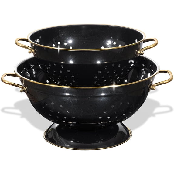 Metal Colander 2 Pack, 3.5 Quart Powder Coated Self-draining Solid Ring Base Metal Large Kitchen Pasta Vegetable Fruit Strainer with Handle (L-BLACK)