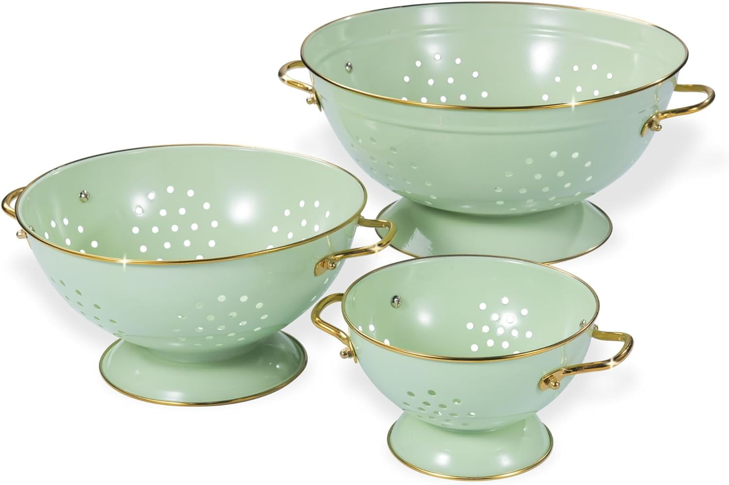 Green Powder Coated Metal Colander Set with Gold Handles, 3 Sizes