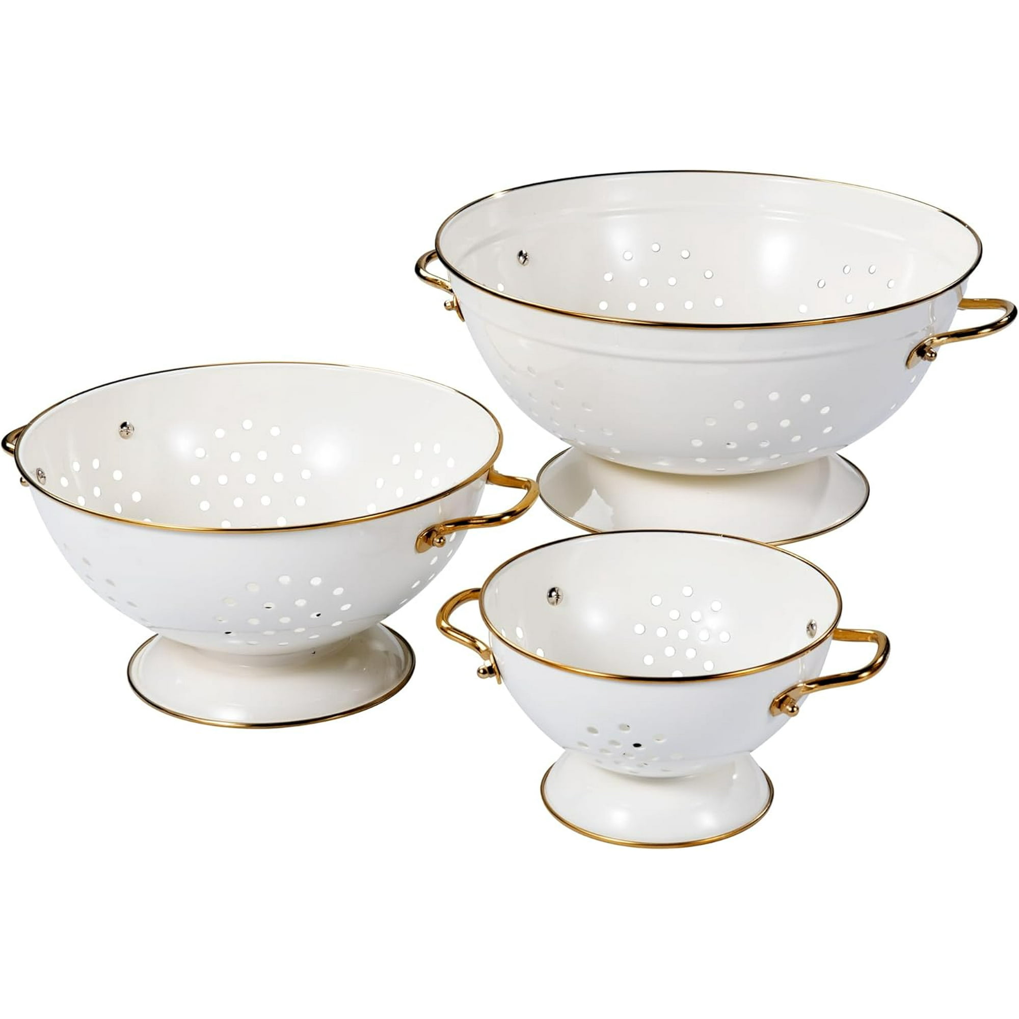 Metal Colander Set of 3, Strainer Basket with Handles perfect for Spaghetti, Pasta, Berry, Vegetable, Fruit, Solid Base Powder Coated Kitchen Essential Strainer Set, 1 & 3.5 & 5 Qt (Cream)