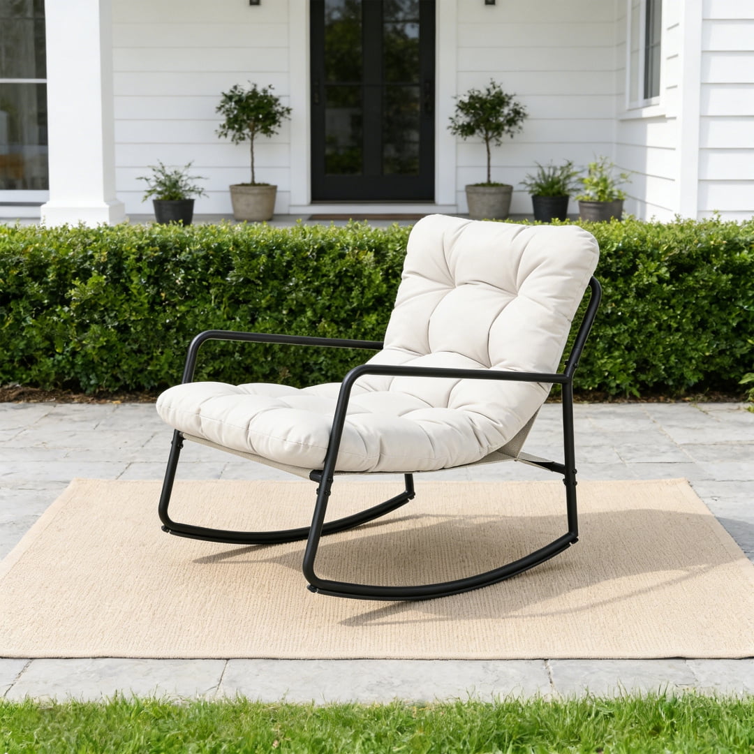 Metal Comfy Modern Patio Rocking Chair, Off-white