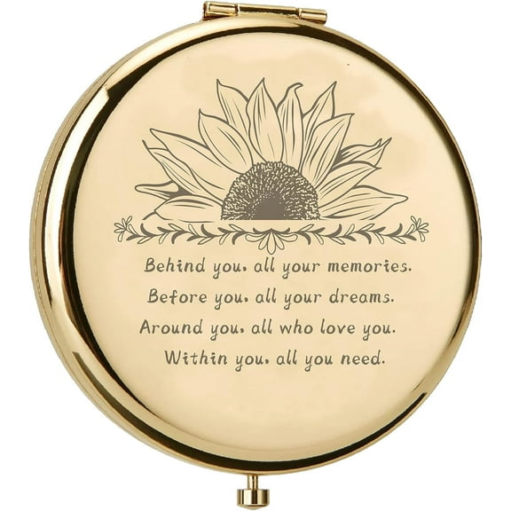 1Pc Stainless Steel Customization Mirror Flat Round with Flower & Word with 1Pc Rectangle Velvet Pouch Golden Mirror: 7x6.5cm