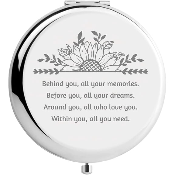 Metal Compact Pocket Sunflower Round Double-Side Magnifying Folding Makeup Mirror 2.6inch Travel Portable Behind You All Your Memories for Women Mum Sister Daughter Gray