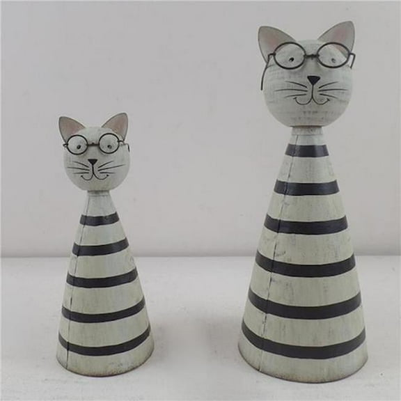Metal Cone Shaped Striped Cats Wearing Glasses Figurine - Set of 2