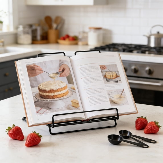 Metal Cookbook Stand for Kitchen Counter, Sturdy Iron Book Holder for Tablet Recipe Book Bible Magazine, Anti Tip Reading Display Stand for Cooking Baking Office