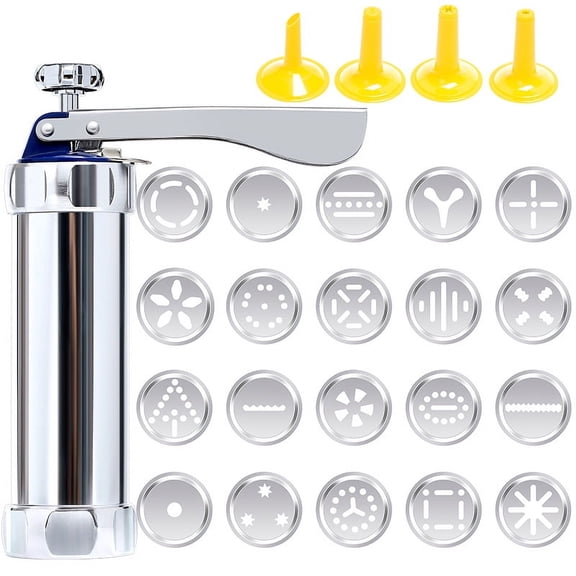 Metal Cookie Press with 20Shape Disks Press + Food Safe Plastic Shapes | Includes Recipes & Tips | Easy as Mix*Press*Bake*Create 21.5*15.5*5.7cm) (with 20 Disc and 4 Nozzles)