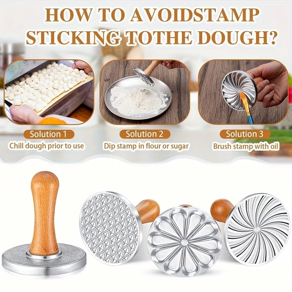 Metal Cookie Stamp Kit with Wooden Handle, 3-Piece Aluminum Alloy Biscuit Mold Set, Traditional Pattern Pastry Press for Shortbread Gingerbread Baking, Professional Culinary Tools