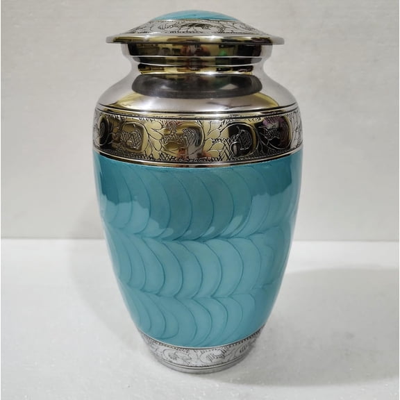 Metal Cool Blue Urn for Adult Human Ashes Premium Decorative Memorial Cremation 10 inches Urns for Funeral, Burial, Columbarium, or Home Tribute Display