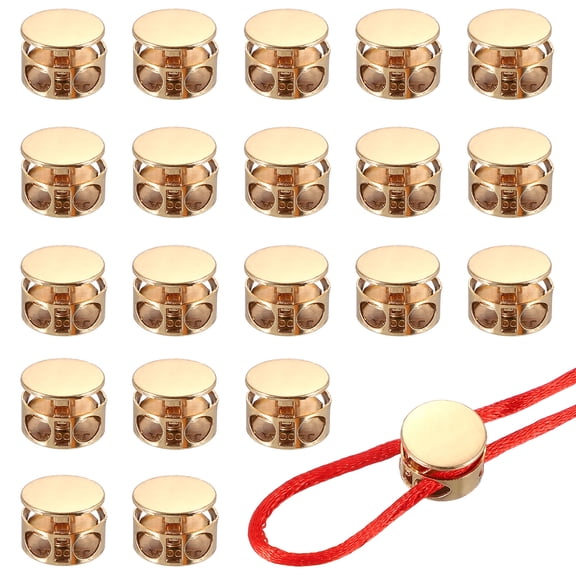 Metal Cord Locks, Double Hole Draw String Spring Stopper Fastener Round Slider Toggles End 0.6" & 20 Pcs & Gold for Drawstrings