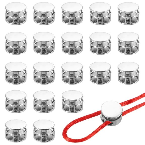 Metal Cord Locks, Double Hole Draw String Spring Stopper Fastener Round Slider Toggles End 0.6" & 20 Pcs & Silver for Drawstrings
