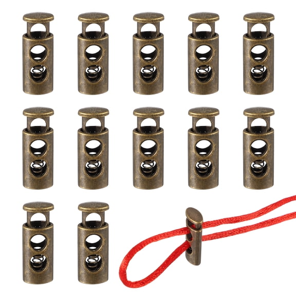 Metal Cord Locks, Double Hole Draw String Spring Stopper Fastener Round Slider Toggles End 12 Pcs & Bronze Tone for Shoelaces