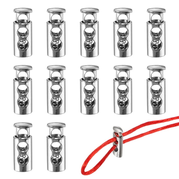 Metal Cord Locks, Double Hole Draw String Spring Stopper Fastener Round Slider Toggles End 12 Pcs & Silver for Shoelaces