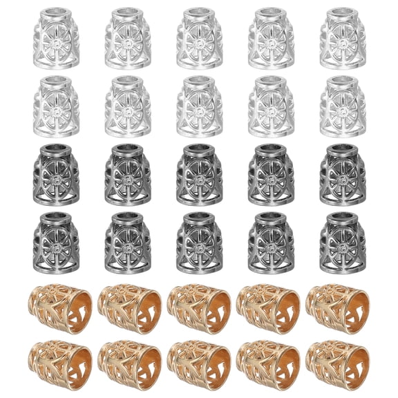 Metal Cord Locks, Rope End Lock, Bell Stopper, Hollow Bead End Cap Rope Fastener 30 Pcs & Silver/Gold/Light Black for Drawstrings