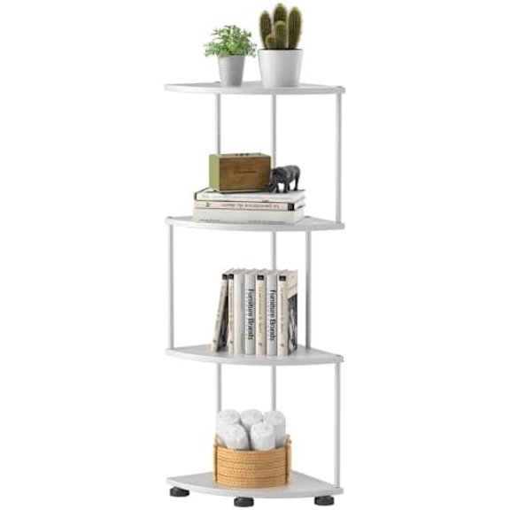 Metal Corner Shelf Stand 4 Tier 41",Sturdy Baking Paint Process Corner Shelves Display Shelf for Living Room Decor,Wall Corner Bookshelf Office Small Space (White)