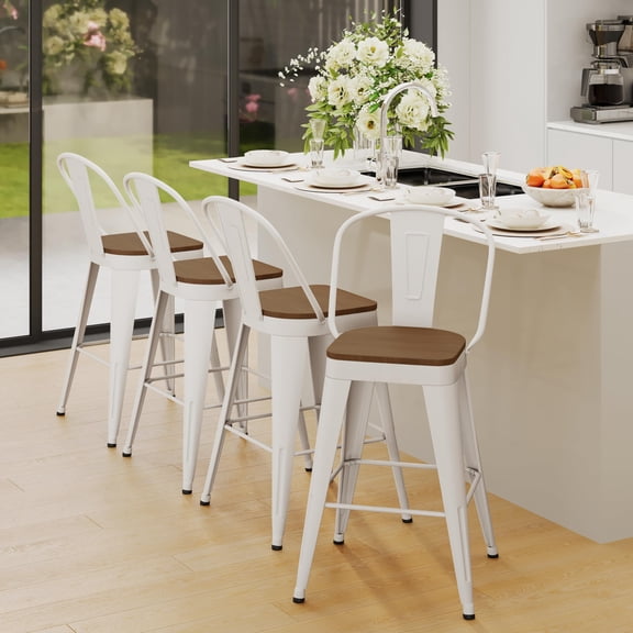 Metal Counter Height High Back Bar Stools - Set of 4, Off White