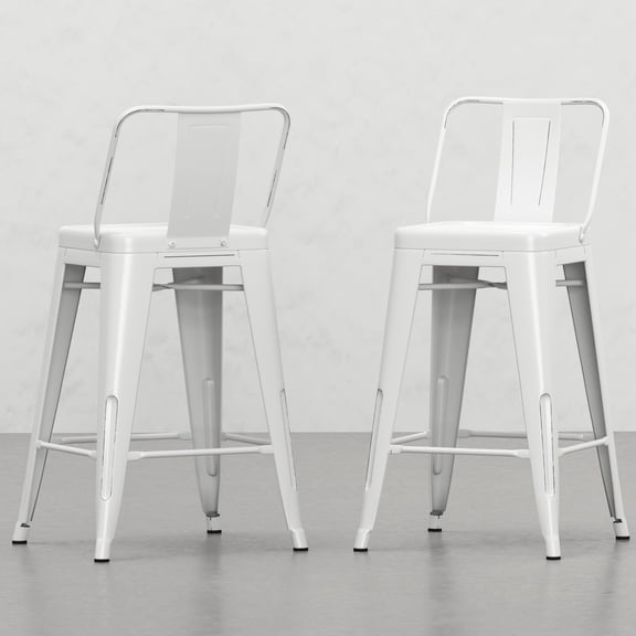 Metal Counter Height Stool (2) - 24 Inches Modern Industrial Design Comfortable Curved Back & Footrest Distressed White Stable Construction Designs Of 2 24" Stools White, Seating With And Footrest,