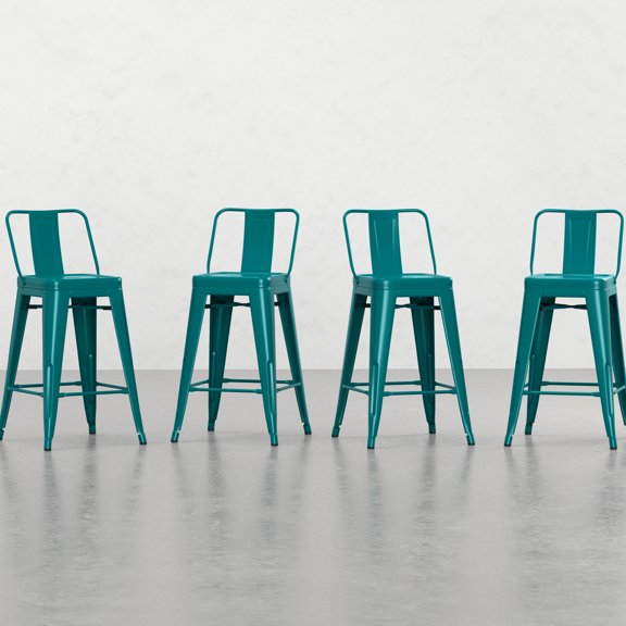 Metal Counter Height Stool (4) - Contemporary Industrial With Supportive Curved Back Teal Blue 24 Inch (4 Stools), Color, Appeal, For Support, Footrest Comfort, Stable Cross Brace