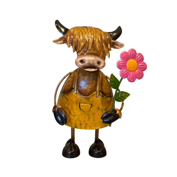 Metal Cow Figurine W Pink Flower Indoor Outdoor Lawn Greenhouse Home Patio Decoration Tall 11" H