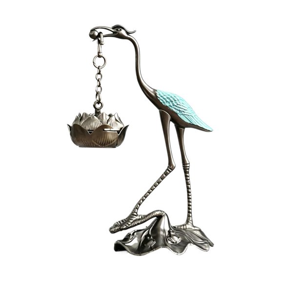 Metal Crane Hanging Incense Burner, Zen Desk Ornament with Hanging Cone Holder, Meditation Aids, 13.8x7x4.2cm