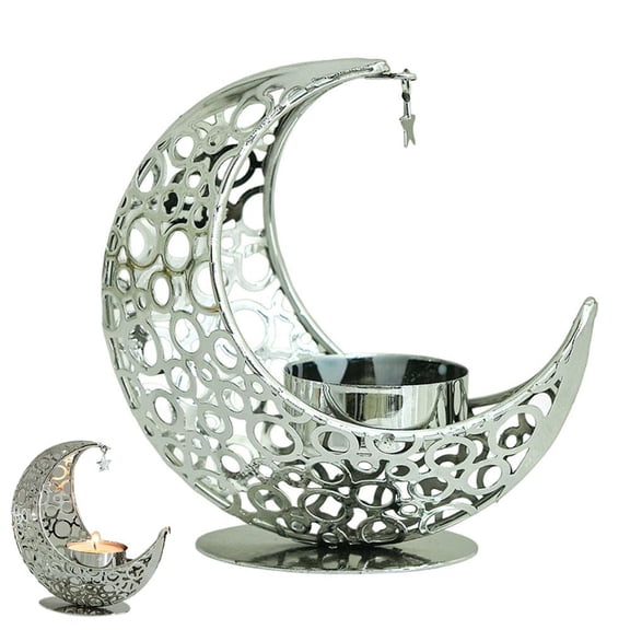 Metal Crescent Moon Incense Holder with Star Pendant, Hollow Pattern Tealight Candle Holder & Bakhoor Censer Stand, Arabic Ramadan Table Centerpiece, Islamic Home Decor Gift